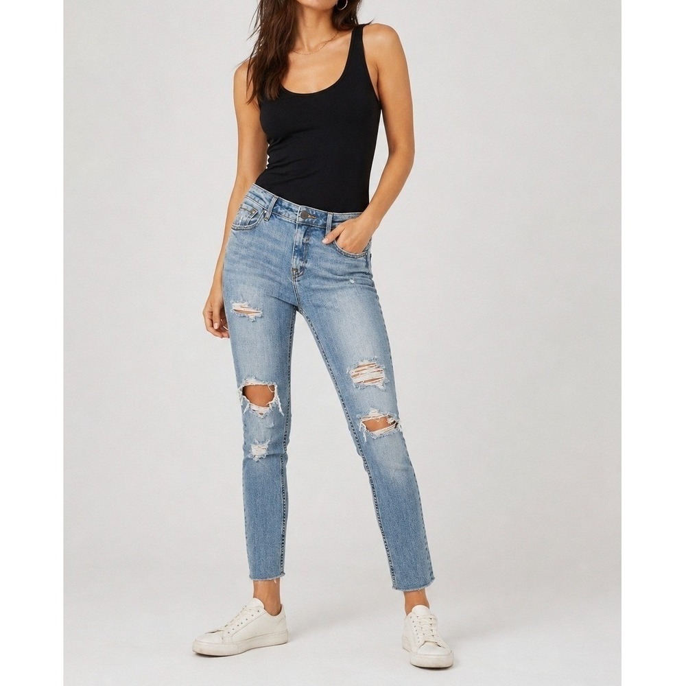 Vigoss Chelsea Skinny Jeans Women 29x25 Blue Light Wash Distressed Shark Bite